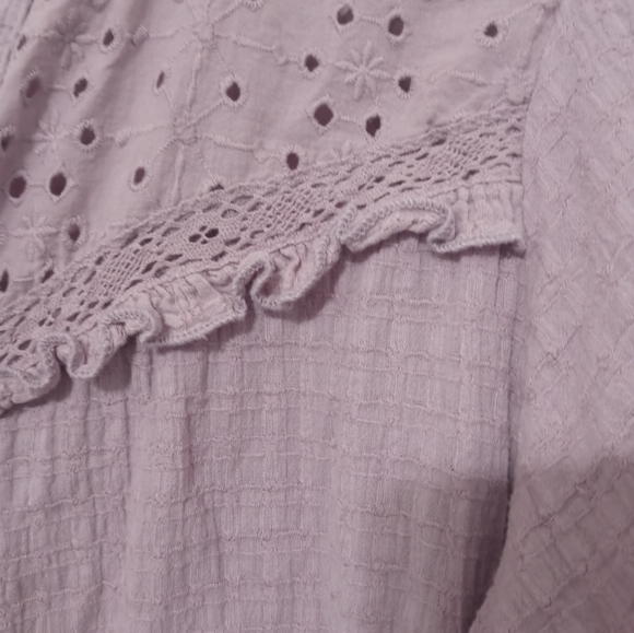 Knox Rose lilac short Balloon Sleeve Button Down peek a boo Floral Ruffle blouse - Picture 7 of 11